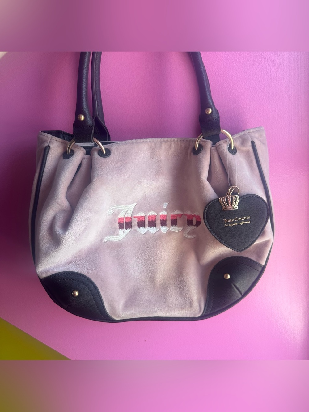 Juicy Couture Pink and Black Heart Charm Velour Shoulder Tote